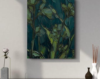 Abstrakt blommig canvastavla - Inspirerad av naturen - Dramatiska mörkgröna och blågrön toner