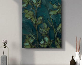 Abstrakt blommig canvastavla - Inspirerad av naturen - Dramatiska mörkgröna och blågrön toner