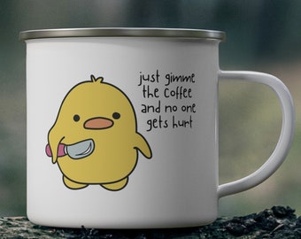 Taza de pato enojado, pato con cuchillo, divertida taza de esmalte, linda taza de pato, pato enojado, linda taza de ganso tonto, regalo de pato para amantes del café, divertida taza de café