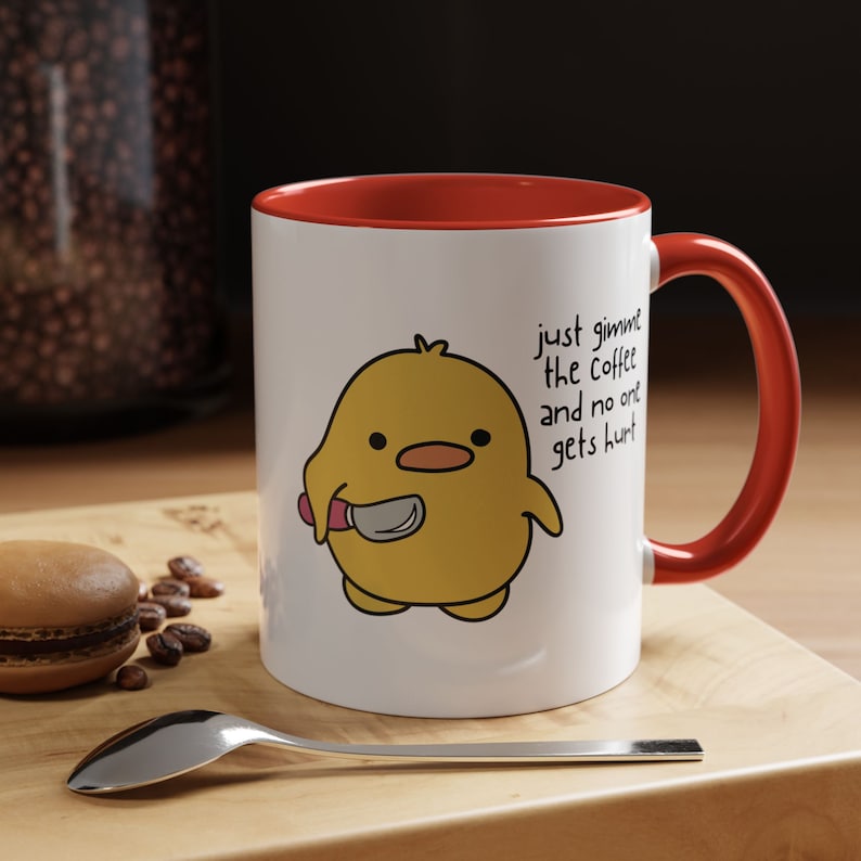 Taza de café con pato y cuchillo, divertida taza de café con pato, linda taza de pato con cuchillo para café, regalo divertido para amantes de los patos, regalo divertido para café. imagen 6