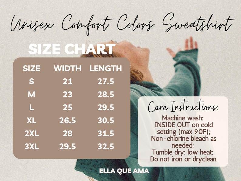 K&ouml;nnte beinhalten: Ein tealfarbenes Unisex Comfort Colors Sweatshirt mit Gr&ouml;&szlig;entabelle und Pflegehinweisen. Die Gr&ouml;&szlig;entabelle zeigt die Ma&szlig;e in Zentimetern f&uuml;r die Gr&ouml;&szlig;en S bis 3XL. Pflegehinweise: Maschinenw&auml;sche kalt, Trockner bei niedriger Temperatur.