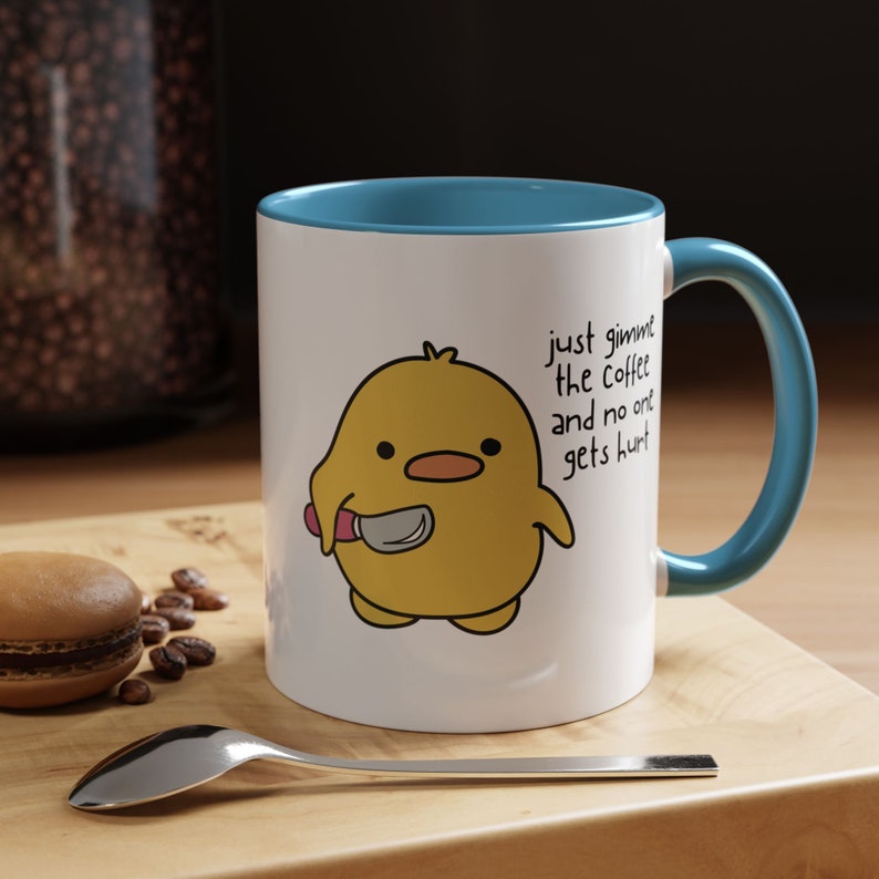 Taza de café con pato y cuchillo, divertida taza de café con pato, linda taza de pato con cuchillo para café, regalo divertido para amantes de los patos, regalo divertido para café. imagen 5