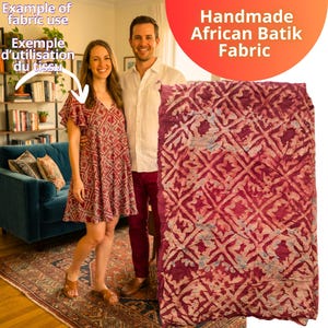 Handfärgat afrikanskt Adire-batiktyg | Etniska mönster i rött, orange och grått | Säljs i 45 cm längder | 140 cm bredd
