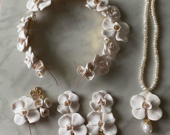 Handmade Orchid Headpiece, Earrings, Pearl Necklace and  Brooch Set
