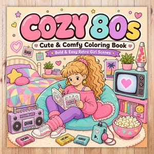 Puede incluir: Un libro para colorear cuadrado titulado COZY 80s Cute & Comfy Coloring Book Bold & Easy Retro Girl Scenes. La portada presenta una ilustración de dibujos animados de una persona sentada en un puf, dibujando en un libro, rodeada de un radiocasete, casetes, un televisor y palomitas de maíz.