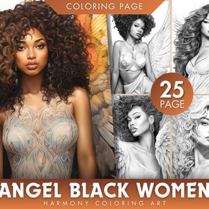 25 Angel Black Women Coloring Pages for adults, Instant Download, Grayscale Coloring Book, Instant Download,PDF / JPEG File