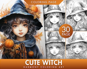May include: A watercolor illustration of a young witch with a blue hat and a pumpkin. The image is labeled "COLORING PAGE" and "CUTE WITCH HARMONY COLORING ART." Additional pages show witch portraits in black and white, with the text "30 PAGE."