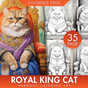 35 Royal King Cats Coloring Pages, for Adults and Kids, Instant Download, Grayscale Coloring Book, Printable PDF / JPG