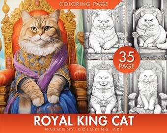 Royal King Cats Coloring Book, 35 Grayscale Pages (PDF/JPG)