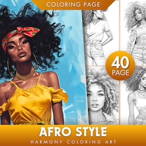 40 Afro Style Coloring Book, Beautiful Black Women Coloring Pages, Grayscale Black Girls Coloring Book for Adults and Kids, Printable PDF,