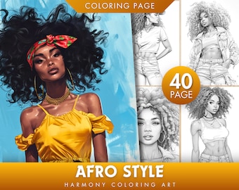 May include: A coloring book with 40 pages featuring illustrations of women with afro hairstyles. The cover features a woman with a yellow top and a red headband. The text "Afro Style" and "Harmony Coloring Art" is on the cover.