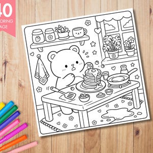 May include: Black and white coloring page featuring a bear making pancakes. The image includes a table with a stack of pancakes, a frying pan, and various ingredients. The top left corner has the text "40 COLORING PAGE" in pink.