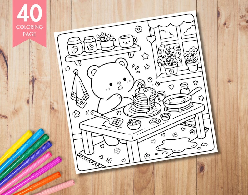 May include: Black and white coloring page featuring a bear making pancakes. The image includes a table with a stack of pancakes, a frying pan, and various ingredients. The top left corner has the text "40 COLORING PAGE" in pink.