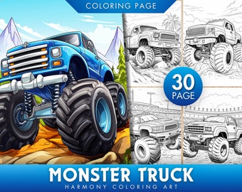 Puede incluir: Ilustración de un camión monstruo azul con neumáticos grandes, ambientada en un paisaje con montañas y árboles. La imagen incluye un libro para colorear de 30 páginas con varios diseños de camiones monstruo. El texto dice "Coloring Page" y "Monster Truck Harmony Coloring Art."