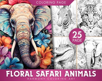 Floral Safari Animals Coloring Book, Grayscale Jungle Animals (PDF)