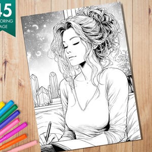 Pu&ograve; includere: Una pagina da colorare in bianco e nero con una donna che scrive su un quaderno con gli occhi chiusi. La pagina &egrave; etichettata "45 Coloring Page" in uno striscione verde. Pennarelli colorati sono visibili su una superficie di legno.