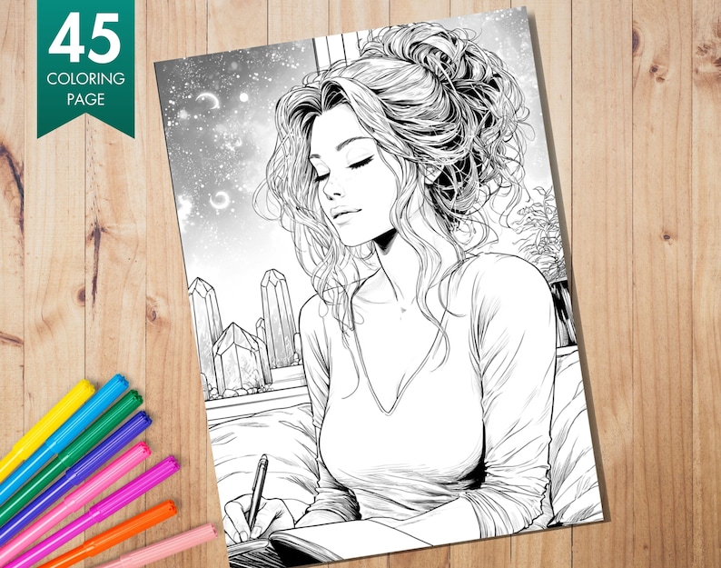 Pu&ograve; includere: Una pagina da colorare in bianco e nero con una donna che scrive su un quaderno con gli occhi chiusi. La pagina &egrave; etichettata "45 Coloring Page" in uno striscione verde. Pennarelli colorati sono visibili su una superficie di legno.