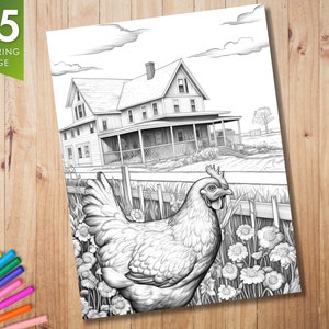 K&ouml;nnte beinhalten: Eine Schwarzwei&szlig;-Malvorlage mit einem Bauernhaus mit Veranda und einem Huhn im Vordergrund. Das Huhn steht auf einem Feld mit Blumen.