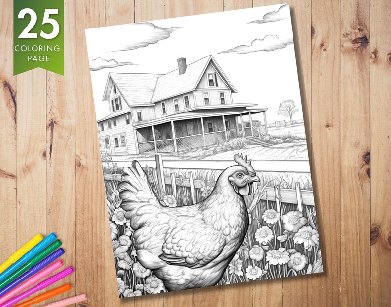 K&ouml;nnte beinhalten: Eine Schwarzwei&szlig;-Malvorlage mit einem Bauernhaus mit Veranda und einem Huhn im Vordergrund. Das Huhn steht auf einem Feld mit Blumen.