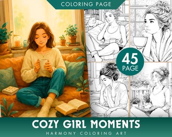 Cozy Girl Coloring Pages | 45 Grayscale Relaxation Scenes (PDF & JPG)