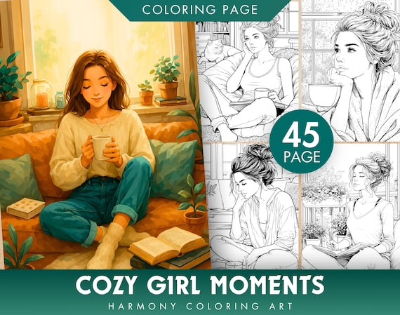 Cozy Girl Coloring Pages | 45 Grayscale Relaxation Scenes (PDF & JPG)