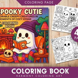以下が含まれることがあります： 暖炉のそばで読書をするお化けが描かれた「Spooky Cutie」の塗り絵本。ハロウィーンの装飾が施されています。表紙には魔女の帽子をかぶったお化けが描かれています。可愛らしい不気味な生き物が描かれた40ページが含まれています。「塗り絵本」と書かれています。