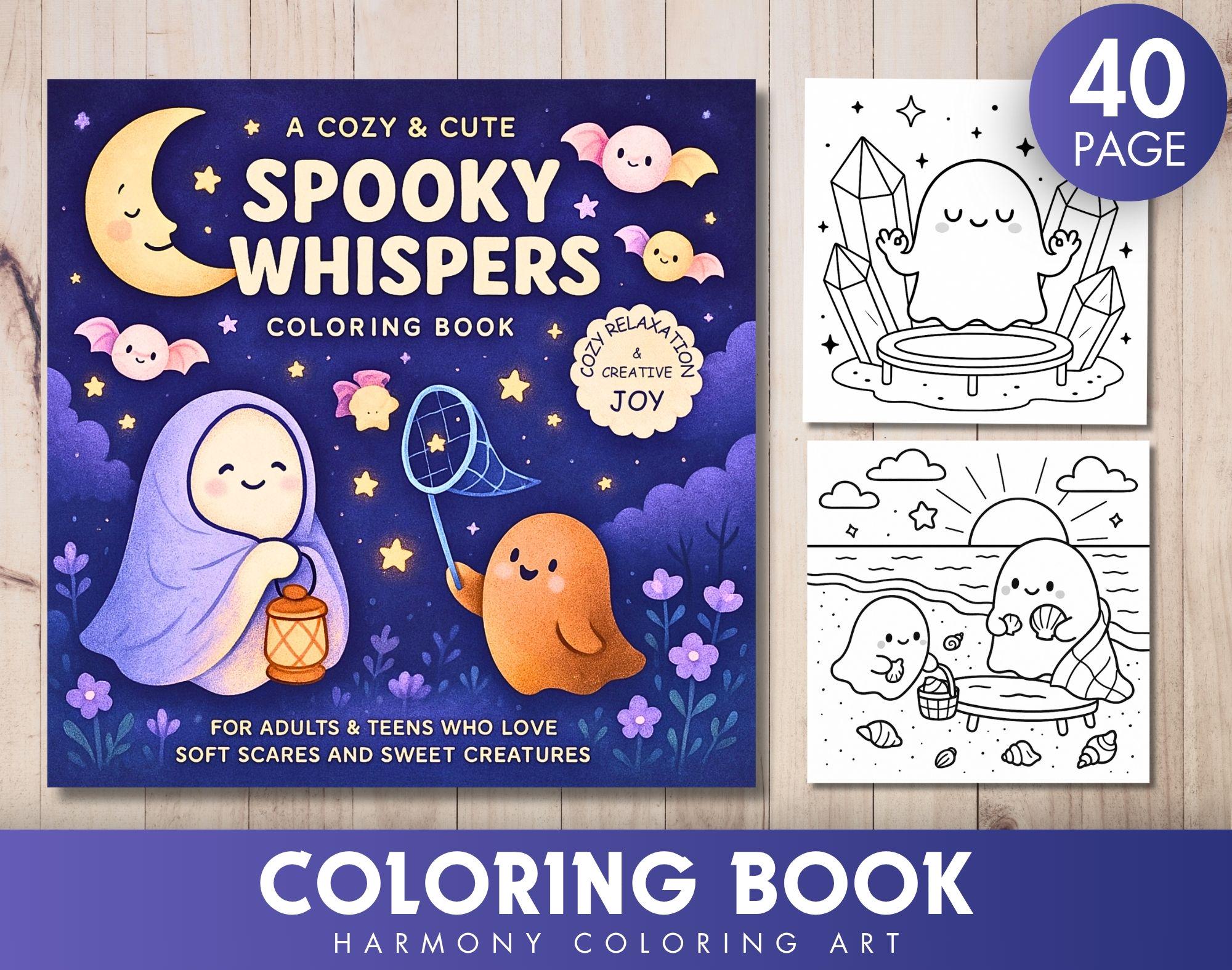 Spooky Whispers Láminas para Colorear – 40 fantasmas acogedores y adorables & animales del bosque | PDF y JPEG imprimibles, descarga instantánea