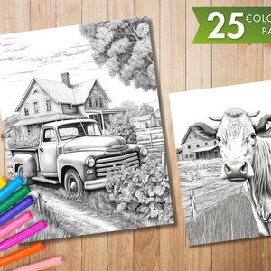 K&ouml;nnte beinhalten: Eine Schwarzwei&szlig;-Malvorlage mit einem alten Pick-up-Truck, der vor einem Bauernhaus geparkt ist, und einer Kuh, die auf einem Feld steht. Die Seite ist Teil eines 25-seitigen Malbuches.