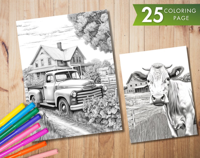 K&ouml;nnte beinhalten: Eine Schwarzwei&szlig;-Malvorlage mit einem alten Pick-up-Truck, der vor einem Bauernhaus geparkt ist, und einer Kuh, die auf einem Feld steht. Die Seite ist Teil eines 25-seitigen Malbuches.