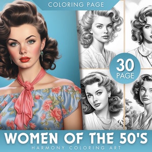 30 Women of the 50s |  Coloring Pages for adults  | Grayscale Colouring Pages For Adults | Instant Download | Printable PDF File