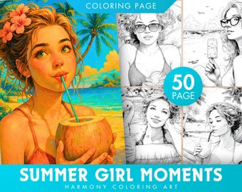 May include: A coloring book titled "Summer Girl Moments" featuring illustrations of women enjoying summer activities. The cover shows a woman drinking from a coconut on a beach. The book contains 50 pages of coloring pages.