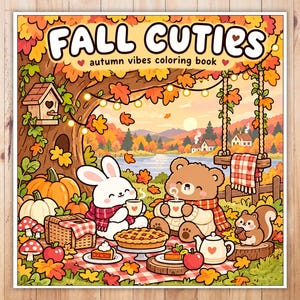 Pode incluir: Um livro de colorir intitulado FALL CUTIES autumn vibes coloring book com um coelho branco e um urso castanho a fazer um piquenique debaixo de uma árvore com abóboras, uma tarte, um esquilo, um baloiço e uma paisagem com um lago.