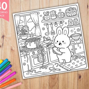 May include: A black and white coloring page featuring a kitchen scene with a bunny character holding a plate. The kitchen includes a stove with a pot of spaghetti, shelves with kitchenware, and the text "40 COLORING PAGE" in a pink banner.