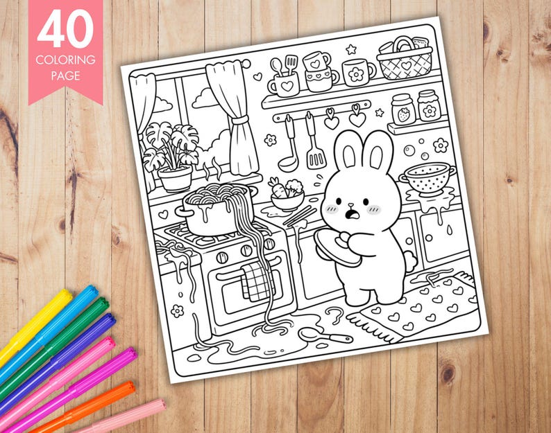 May include: A black and white coloring page featuring a kitchen scene with a bunny character holding a plate. The kitchen includes a stove with a pot of spaghetti, shelves with kitchenware, and the text "40 COLORING PAGE" in a pink banner.