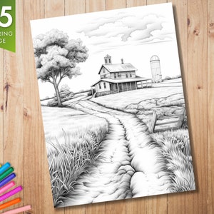 K&ouml;nnte beinhalten: Eine Schwarzwei&szlig;-Zeichnung eines Bauernhauses mit einem Silo im Hintergrund. Eine unbefestigte Stra&szlig;e f&uuml;hrt zum Haus, mit hohem Gras auf beiden Seiten. Die Zeichnung ist auf wei&szlig;em Hintergrund.