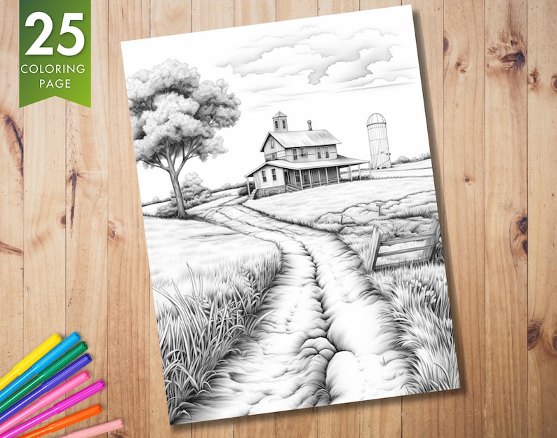 K&ouml;nnte beinhalten: Eine Schwarzwei&szlig;-Zeichnung eines Bauernhauses mit einem Silo im Hintergrund. Eine unbefestigte Stra&szlig;e f&uuml;hrt zum Haus, mit hohem Gras auf beiden Seiten. Die Zeichnung ist auf wei&szlig;em Hintergrund.
