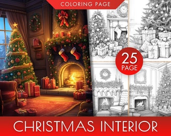 Christmas Interior Coloring Book, Festive Room Designs (PDF / JPEG)