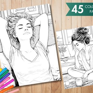 Pu&ograve; includere: Due pagine da colorare in bianco e nero con illustrazioni di donne. Una donna &egrave; sdraiata con le braccia dietro la testa, l'altra &egrave; seduta a gambe incrociate. Il testo "45 Coloring Page" &egrave; su uno striscione verde. Un set di pennarelli colorati &egrave; in primo piano.