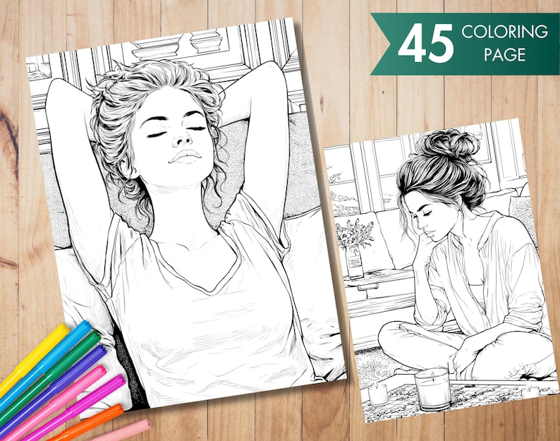 Pu&ograve; includere: Due pagine da colorare in bianco e nero con illustrazioni di donne. Una donna &egrave; sdraiata con le braccia dietro la testa, l'altra &egrave; seduta a gambe incrociate. Il testo "45 Coloring Page" &egrave; su uno striscione verde. Un set di pennarelli colorati &egrave; in primo piano.