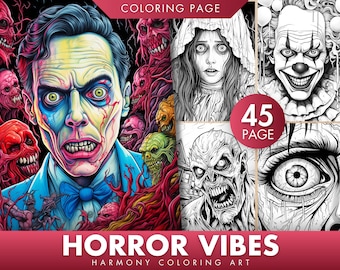 Horror Vibes Coloring Book, 45 Fantasy Greyscale Pages (PDF/JPEG)