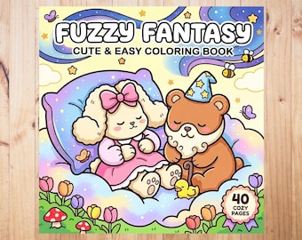 May include: A colorful coloring book titled "Fuzzy Fantasy" with the text "Cute & Easy Coloring Book." The cover features a cartoon bear and dog sleeping on a cloud, surrounded by stars, butterflies, and flowers. The book has 40 cozy pages.