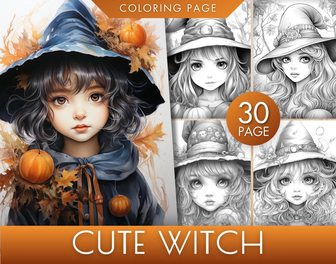 30 Cute Witches Coloring Pages Halloween Girl Grayscale Adult - Etsy