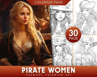 30 Pirate Women Grayscale Coloring Pages, Adults & Kids (Printable PDF)