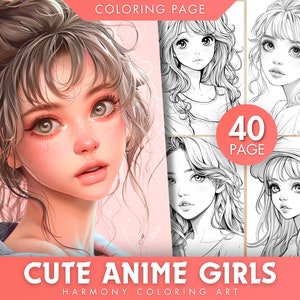 Cute Anime Girls Coloring Pages For Adults, Grayscale Coloring Pages, Fantasy Anime Coloring Book, Printable PDF, Coloring Sheets, Digital
