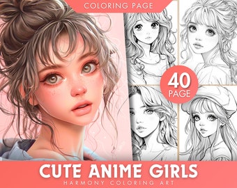 Cute Anime Girls Coloring Pages For Adults, Grayscale Coloring Pages, Fantasy Anime Coloring Book, Printable PDF, Coloring Sheets, Digital