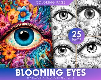 25 Blooming Eyes Grayscale Coloring Book | Printable Adult Pages (PDF/JPEG)