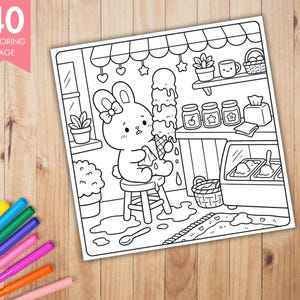 May include: Black and white coloring page featuring a bunny with a bow, sitting on a stool and holding a melting ice cream cone. The scene includes an ice cream shop with jars, a basket, and the text "40 Coloring Page".