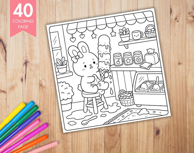 May include: Black and white coloring page featuring a bunny with a bow, sitting on a stool and holding a melting ice cream cone. The scene includes an ice cream shop with jars, a basket, and the text "40 Coloring Page".