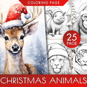 25 Christmas Animals, Christmas Critters Coloring Book, Adults, Kids Coloring Page, Grayscale Coloring Book, Digital Download, PDF / JPEG