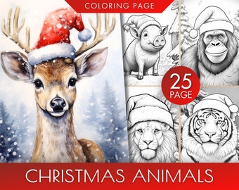 Christmas Animals Grayscale Coloring Book, Festive Critters (Digital Download)